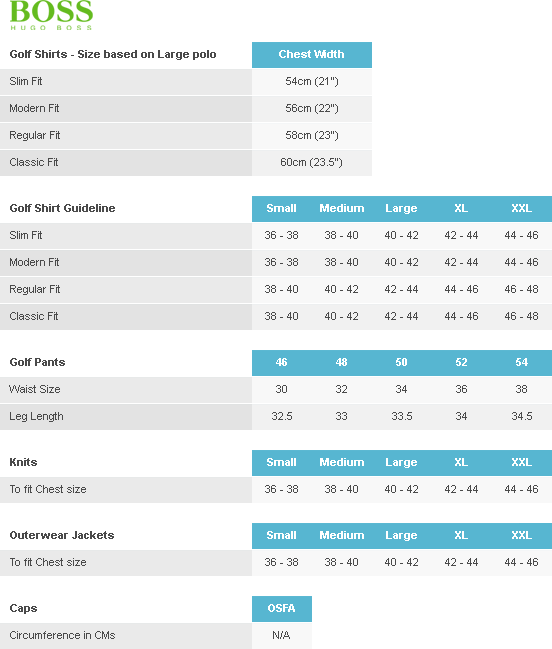 hugo boss polo size chart